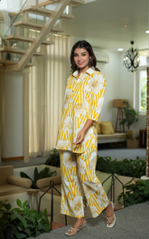White & Yellow Printed Cotton Co-ord Set With Pocket